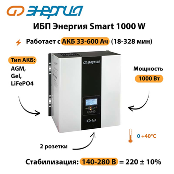 ИБП Энергия Smart 1000W - ИБП и АКБ - Энергия ИБП Smart - . Магазин оборудования для автономного и резервного электропитания Ekosolar.ru в Воронеже